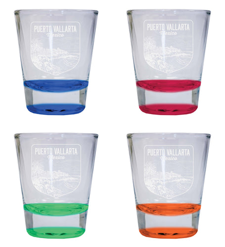 Puerto Vallarta Mexico Souvenir 2 Ounce Engraved Shot Glass Round 4-Pack Multicolor 