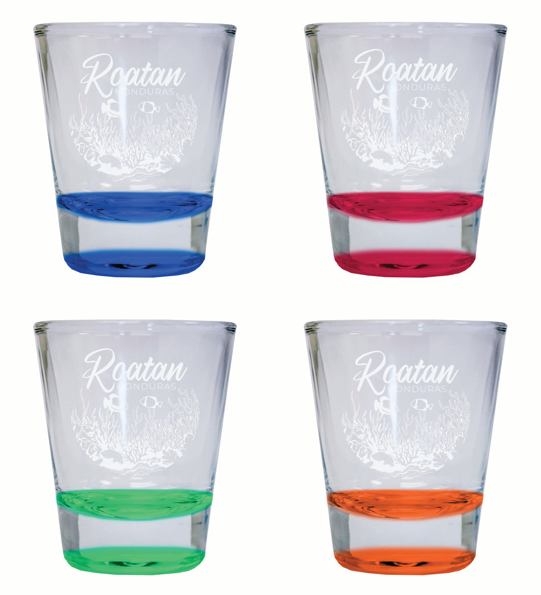 Roatan Honduras Souvenir 2 Ounce Engraved Shot Glass Round 4-Pack Multicolor 