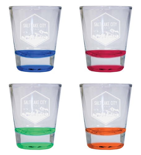 Salt Lake City Utah Souvenir 2 Ounce Engraved Shot Glass Round 4-Pack Multicolor 
