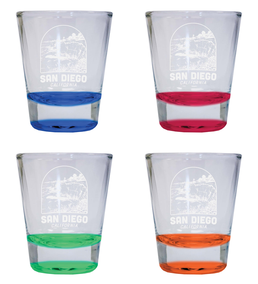 San Diego California Souvenir 2 Ounce Engraved Shot Glass Round 4-Pack Multicolor 
