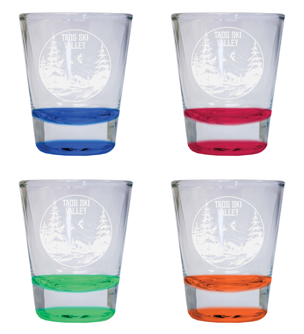 Taos Ski Valley Souvenir 2 Ounce Engraved Shot Glass Round 4-Pack Multicolor 