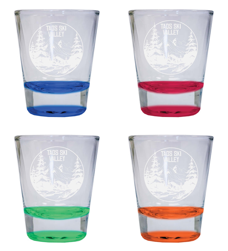 Taos Ski Valley Souvenir 2 Ounce Engraved Shot Glass Round 4-Pack Multicolor 