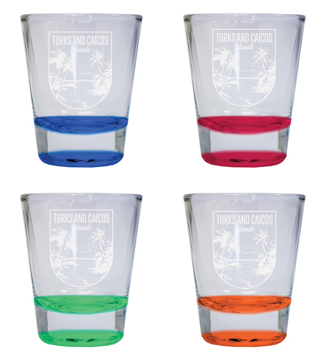 Turks and Caicos Islands Souvenir 2 Ounce Engraved Shot Glass Round 4-Pack Multicolor 