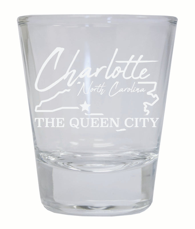 Charlotte North Carolina Souvenir 2 Ounce Engraved Shot Glass Round Clear 4-Pack