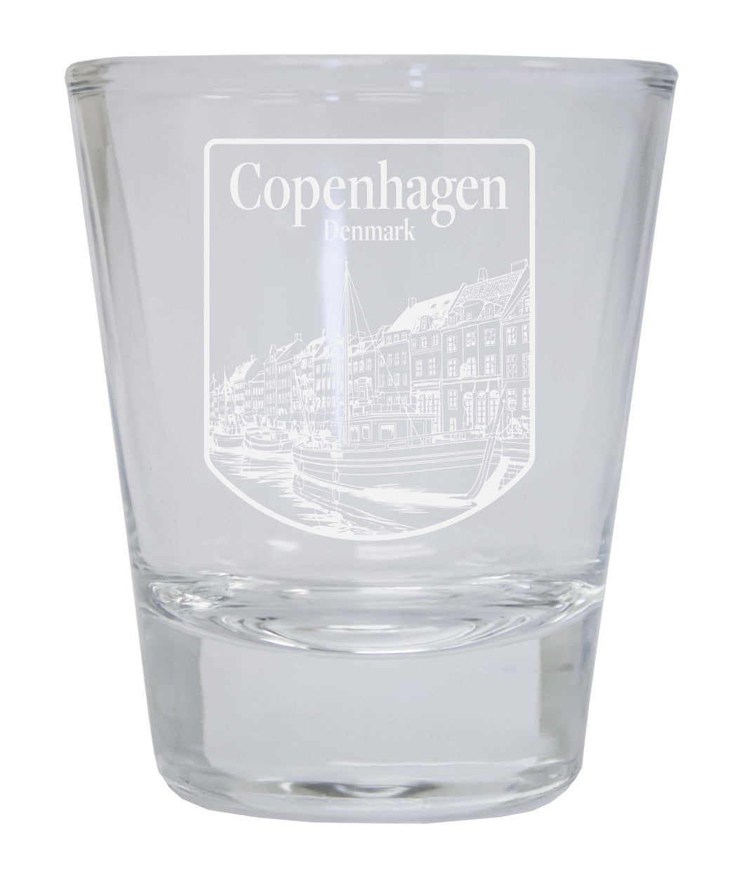 Copenhagen Denmark Souvenir 2 Ounce Engraved Shot Glass Round Clear 4-Pack