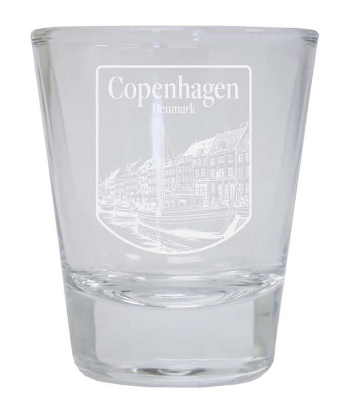 Copenhagen Denmark Souvenir 2 Ounce Engraved Shot Glass Round Clear 4-Pack