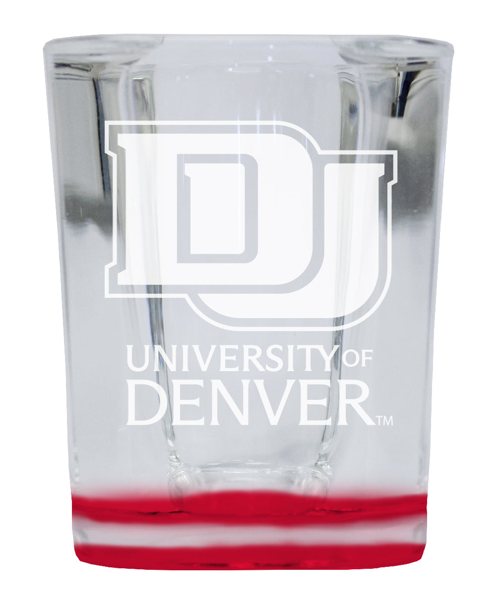 University of Denver Pioneers 2 Ounce Engraved Shot Glass Square Red Base Officially Licensed Collegiate Product Single Unit