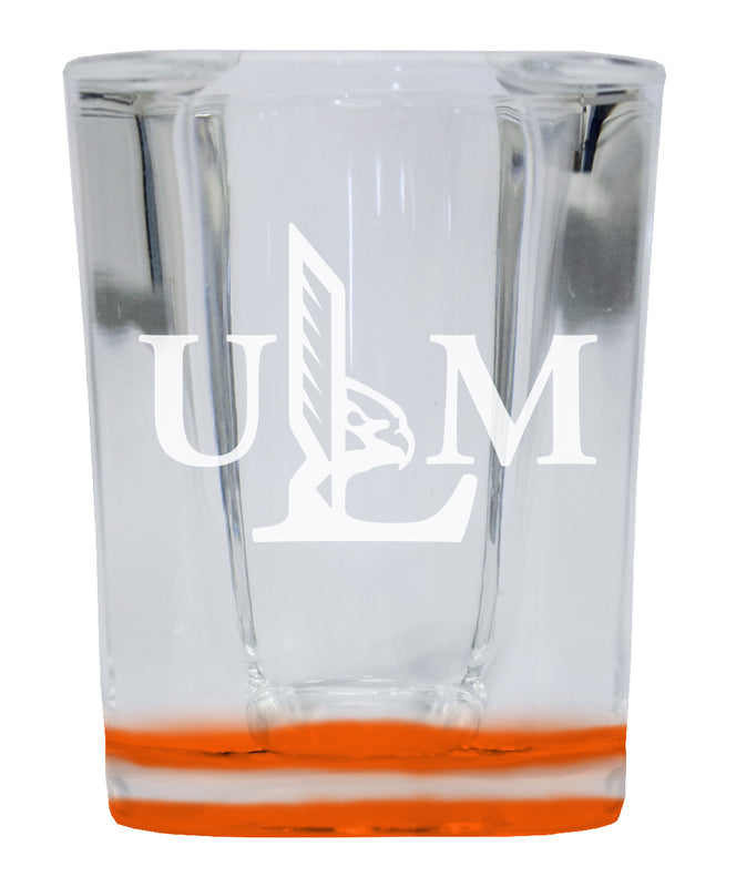 University of Louisiana Monroe 2 Ounce Engraved Shot Glass Square Orange Base Officially Licensed Collegiate Product 4-Pack