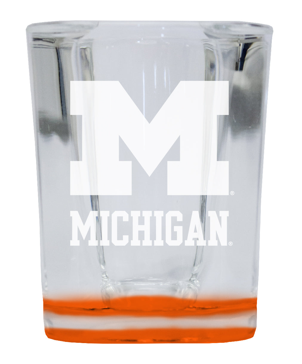 Michigan Wolverines 2 Ounce Engraved Shot Glass Square Orange Base Officially Licensed Collegiate Product 2-Pack
