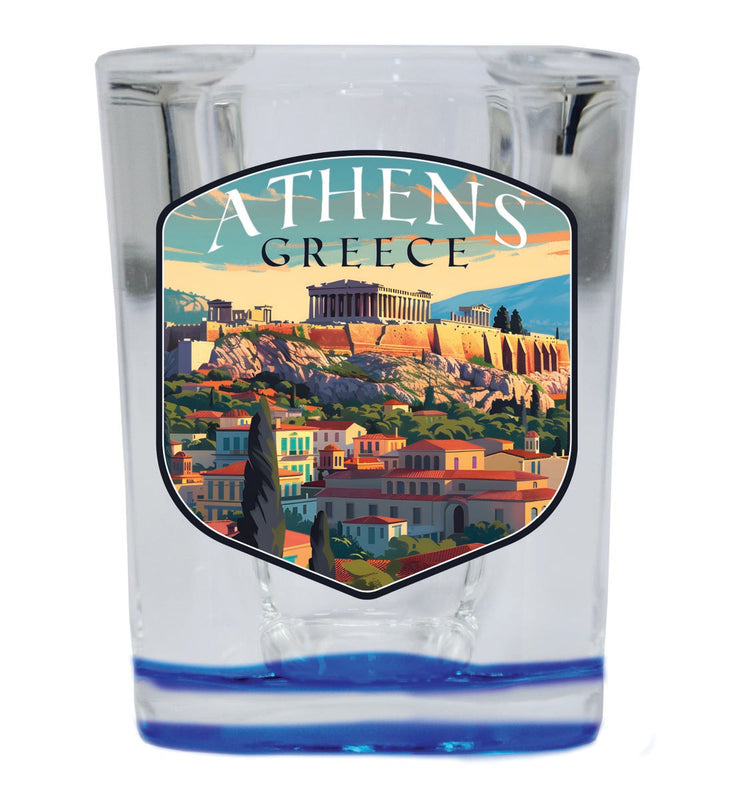 Athens Greece Souvenir 2 oz Blue Shot Glass Round or Square Blue