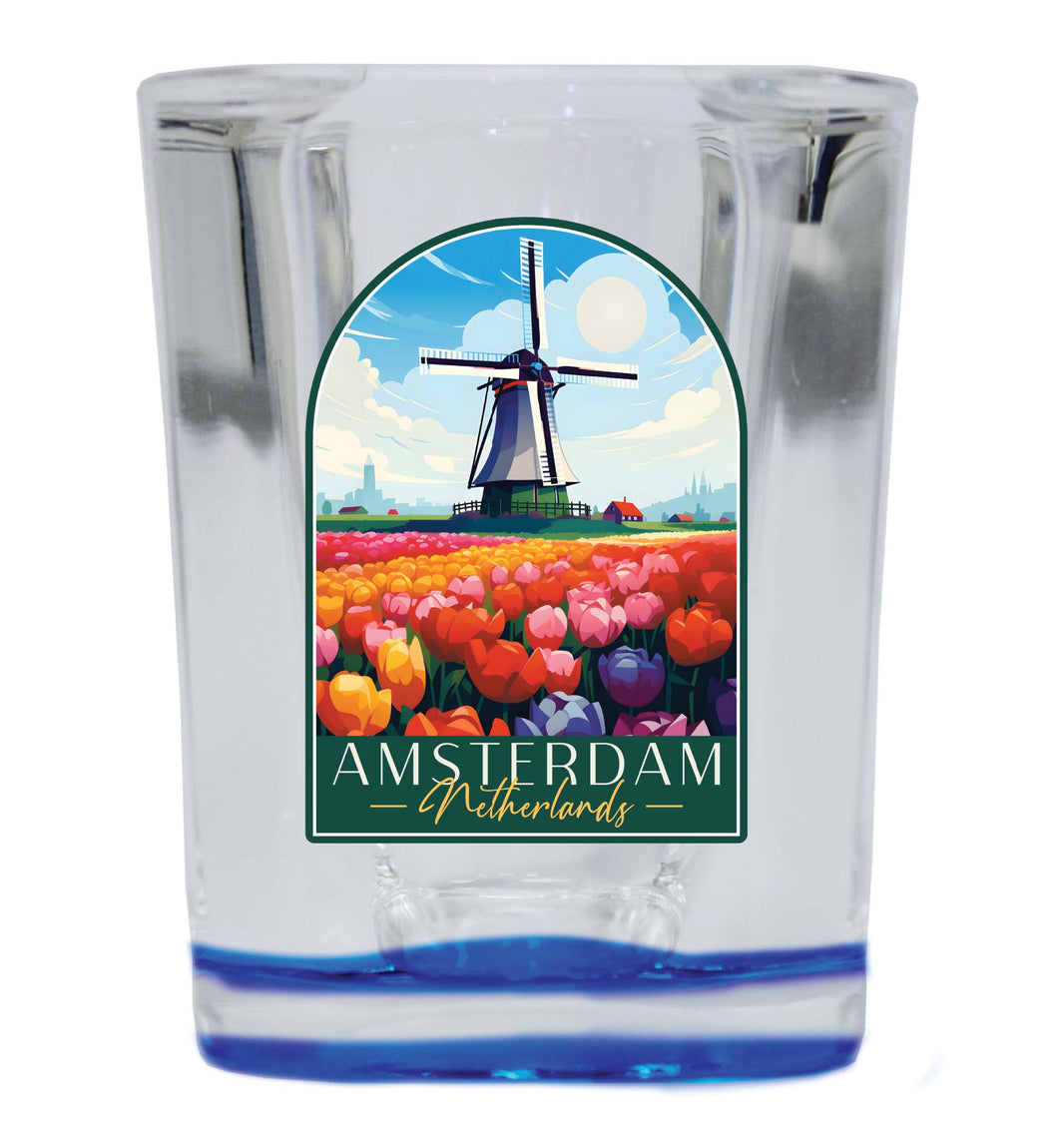 Amsterdam Netherlands Design B Souvenir 2 Ounce Shot Glass Square Blue Base Single