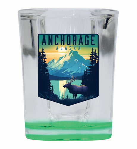 Anchorage Alaska Moose and Mountains Design Souvenir 2 Ounce Shot Glass Square Green Base Single