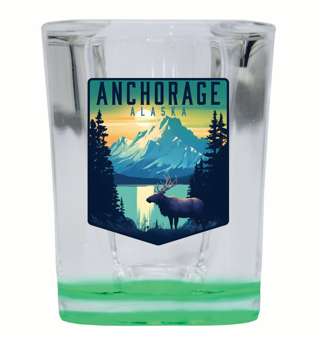 Anchorage Alaska Moose and Mountains Design Souvenir 2 Ounce Shot Glass Square Green Base Single