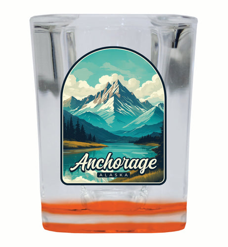 Anchorage Alaska Lake Mountain Design Souvenir 2 Ounce Shot Glass Square Orange Base 4-Pack