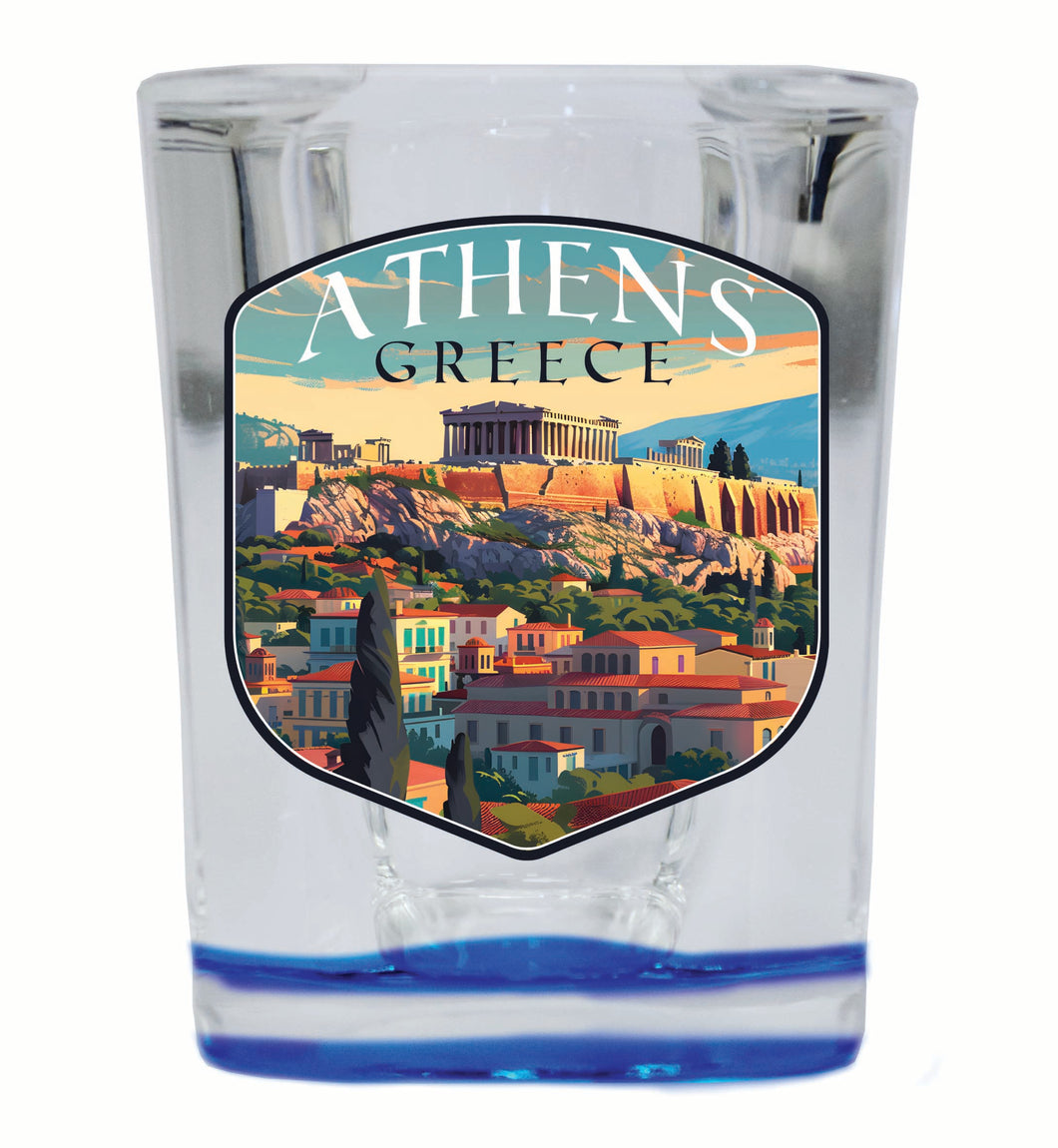 Athens Greece Acropolis Cityscape Design Souvenir 2 Ounce Shot Glass Square Blue Base 4-Pack