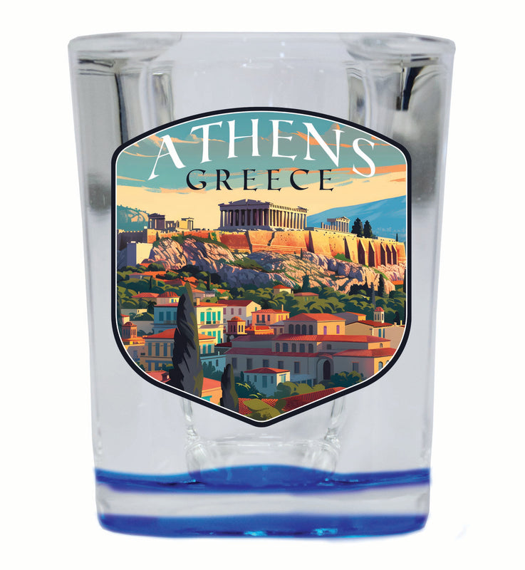 Athens Greece Acropolis Cityscape Design Souvenir 2 Ounce Shot Glass Square Blue Base 4-Pack