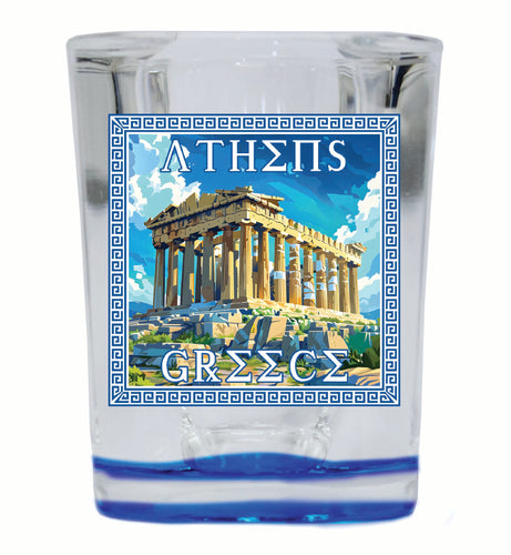 Athens Greece Acropolis in Meander Frame Design Souvenir 2 Ounce Shot Glass Square Blue Base 4-Pack