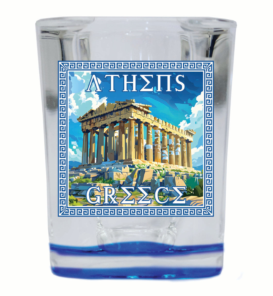 Athens Greece Acropolis in Meander Frame Design Souvenir 2 Ounce Shot Glass Square Blue Base 4-Pack