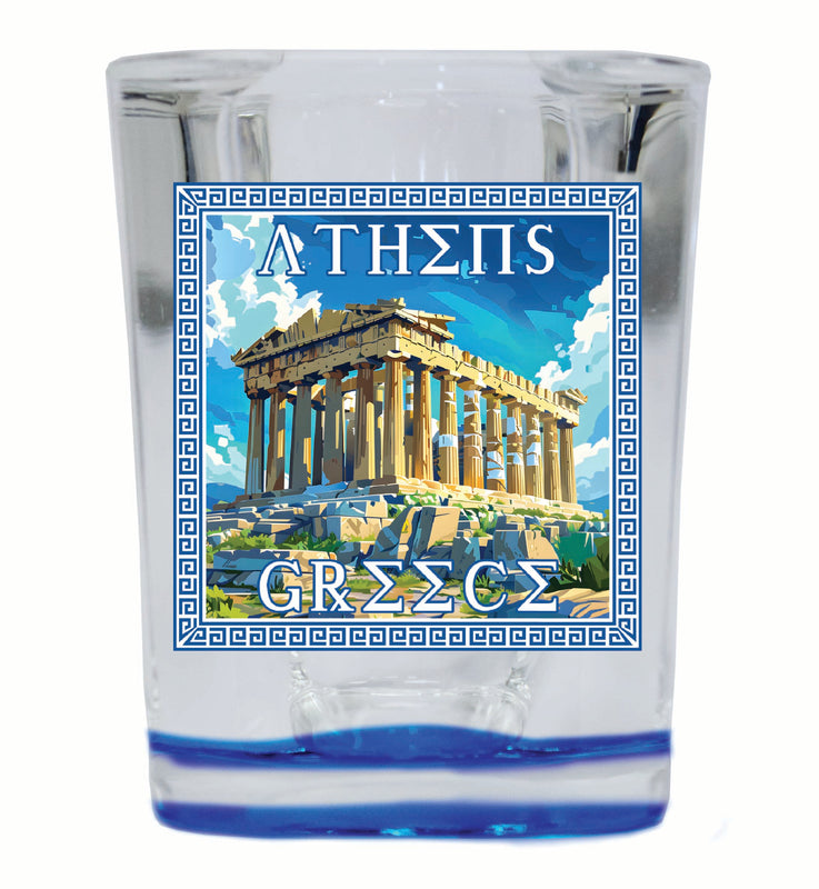 Athens Greece Acropolis in Meander Frame Design Souvenir 2 Ounce Shot Glass Square Blue Base 4-Pack