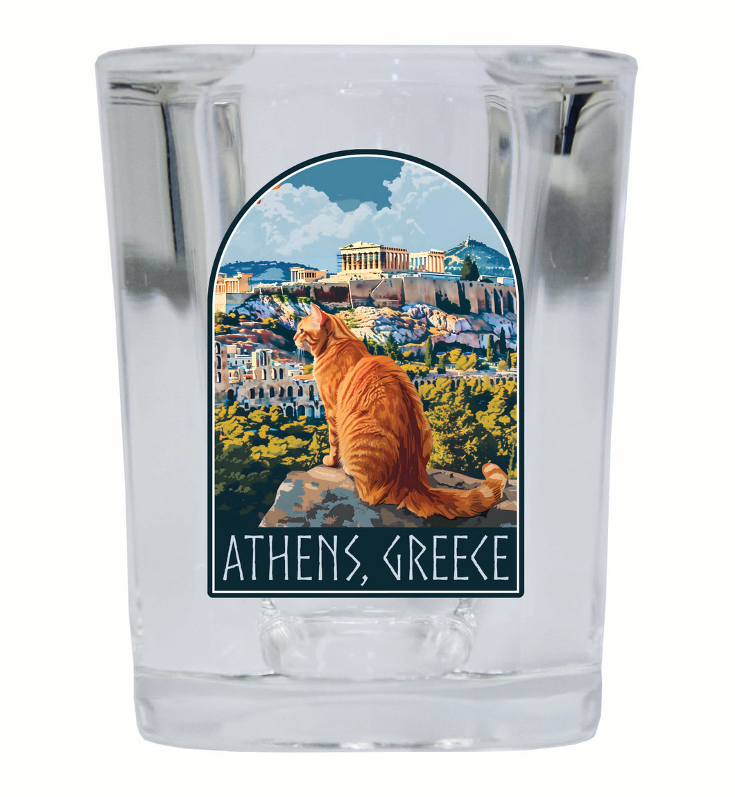 Athens Greece Cat Acropolis Design Souvenir 2 Ounce Shot Glass Square Single