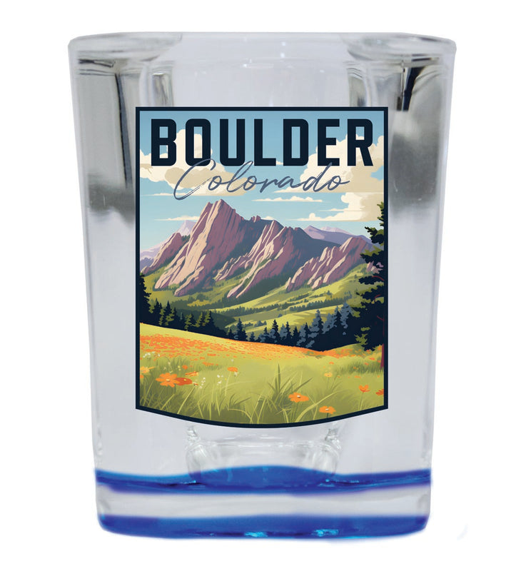 Boulder Colorado Souvenir 2 oz Blue Shot Glass Round or Square Blue