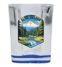 Load image into Gallery viewer, Bend Oregon Design B Souvenir 2 Ounce Shot Glass Square Blue Base Single
