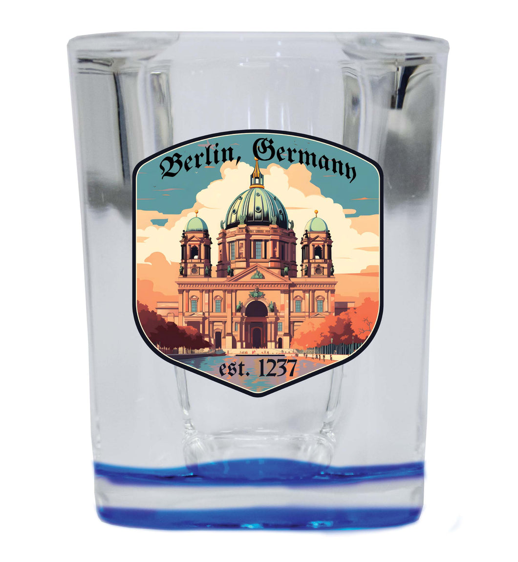 Berlin Germany Design B Souvenir 2 Ounce Shot Glass Square Blue Base Single