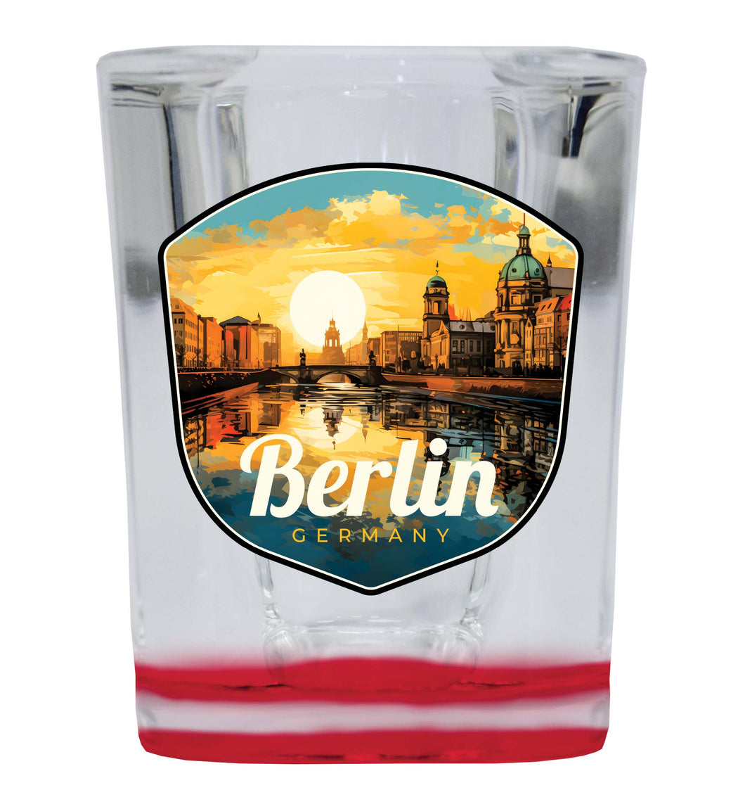 Berlin Germany Design C Souvenir 2 Ounce Shot Glass Square Red Base 4-Pack