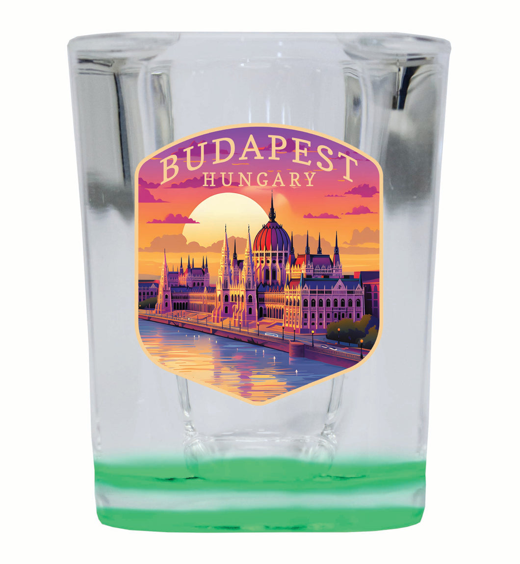 Budapest Hungary Parliament Building Design Souvenir 2 Ounce Shot Glass Square Green Base 2-Pack