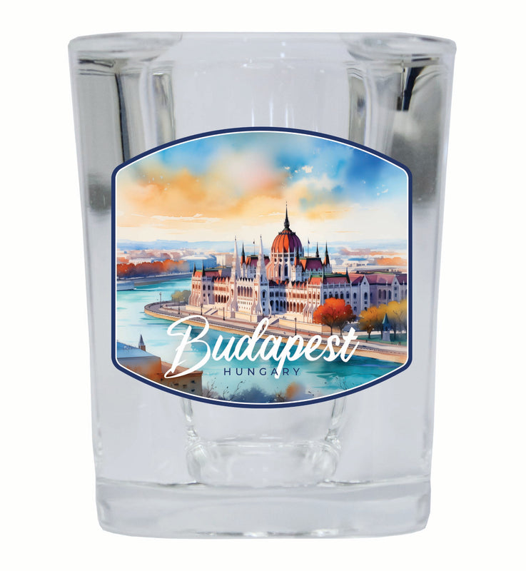 Budapest Hungary Watercolor Cityscape Design Souvenir 2 Ounce Shot Glass Square 4-Pack
