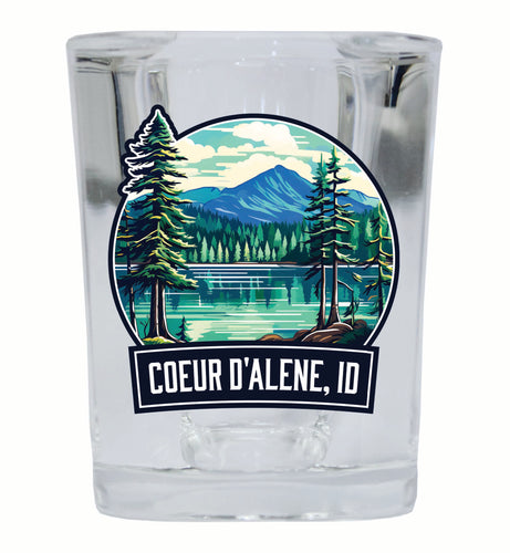 Coeur D'Alene Idaho Mountain Lake Illustration Design Souvenir 2 Ounce Shot Glass Square Single
