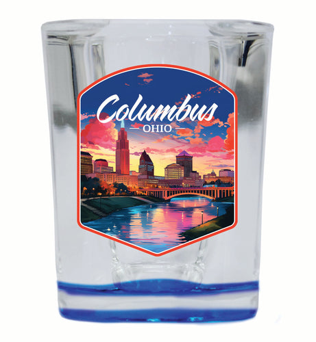 Columbus Ohio Sunset Cityscape Design Souvenir 2 Ounce Shot Glass Square Blue Base 2-Pack
