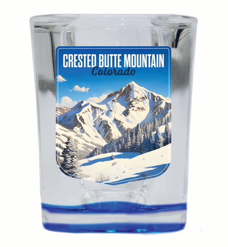 Crested Butte Mountain Colorado Snowy Mountain Design Souvenir 2 Ounce Shot Glass Square Blue Base Single