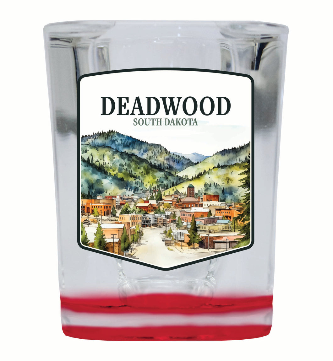 Deadwood South Dakota Watercolor Cityscape Design Souvenir 2 Ounce Shot Glass Square Red Base 4-Pack