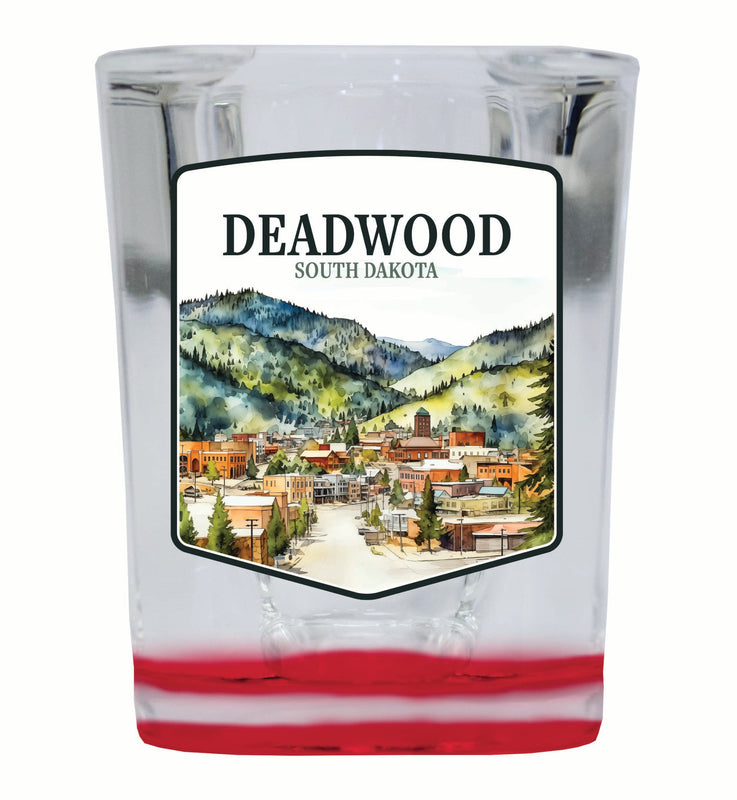 Deadwood South Dakota Watercolor Cityscape Design Souvenir 2 Ounce Shot Glass Square Red Base 4-Pack