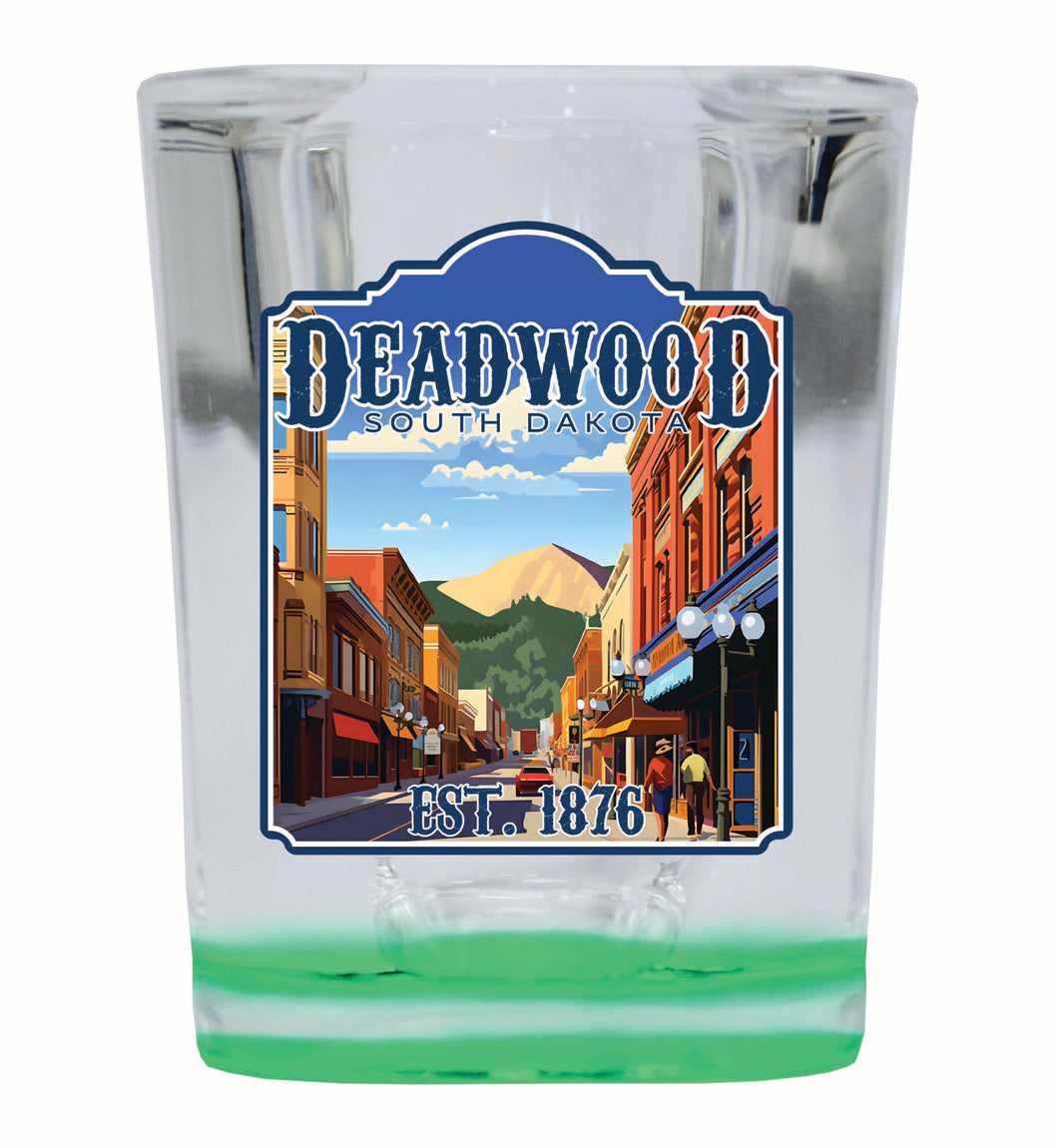 Deadwood South Dakota Wild West Design Souvenir 2 Ounce Shot Glass Square Green Base Single