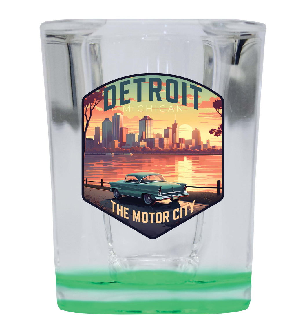 Detroit Michigan Design A Souvenir 2 Ounce Shot Glass Square Green Base 2-Pack