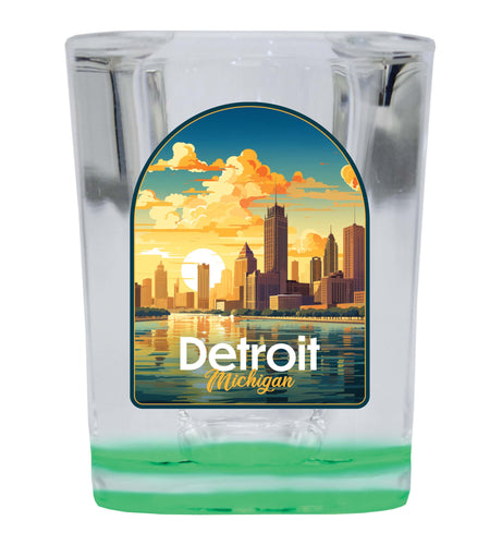 Detroit Michigan Design B Souvenir 2 Ounce Shot Glass Square Green Base 4-Pack