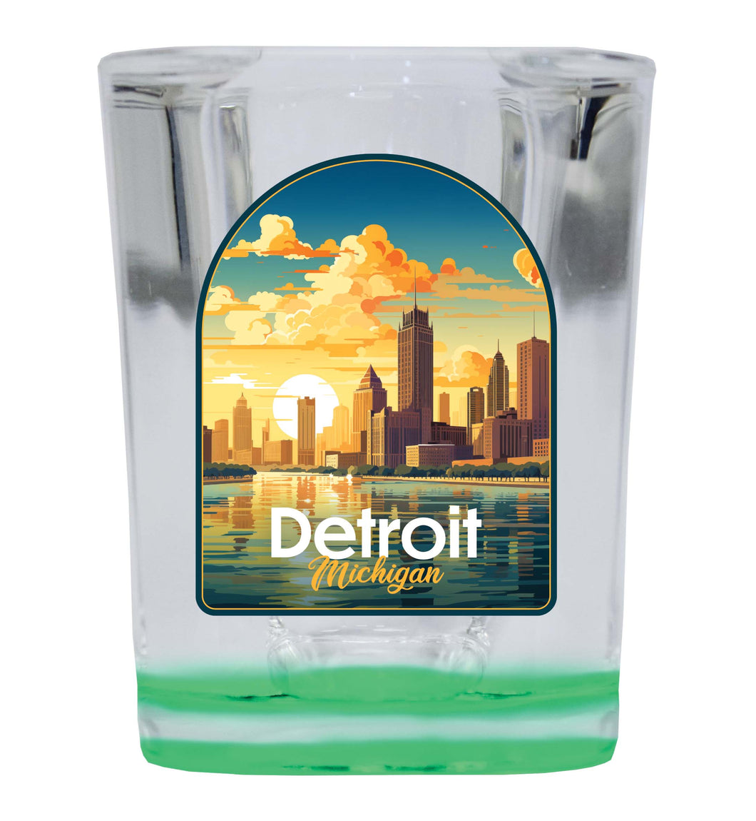 Detroit Michigan Design B Souvenir 2 Ounce Shot Glass Square Green Base 4-Pack