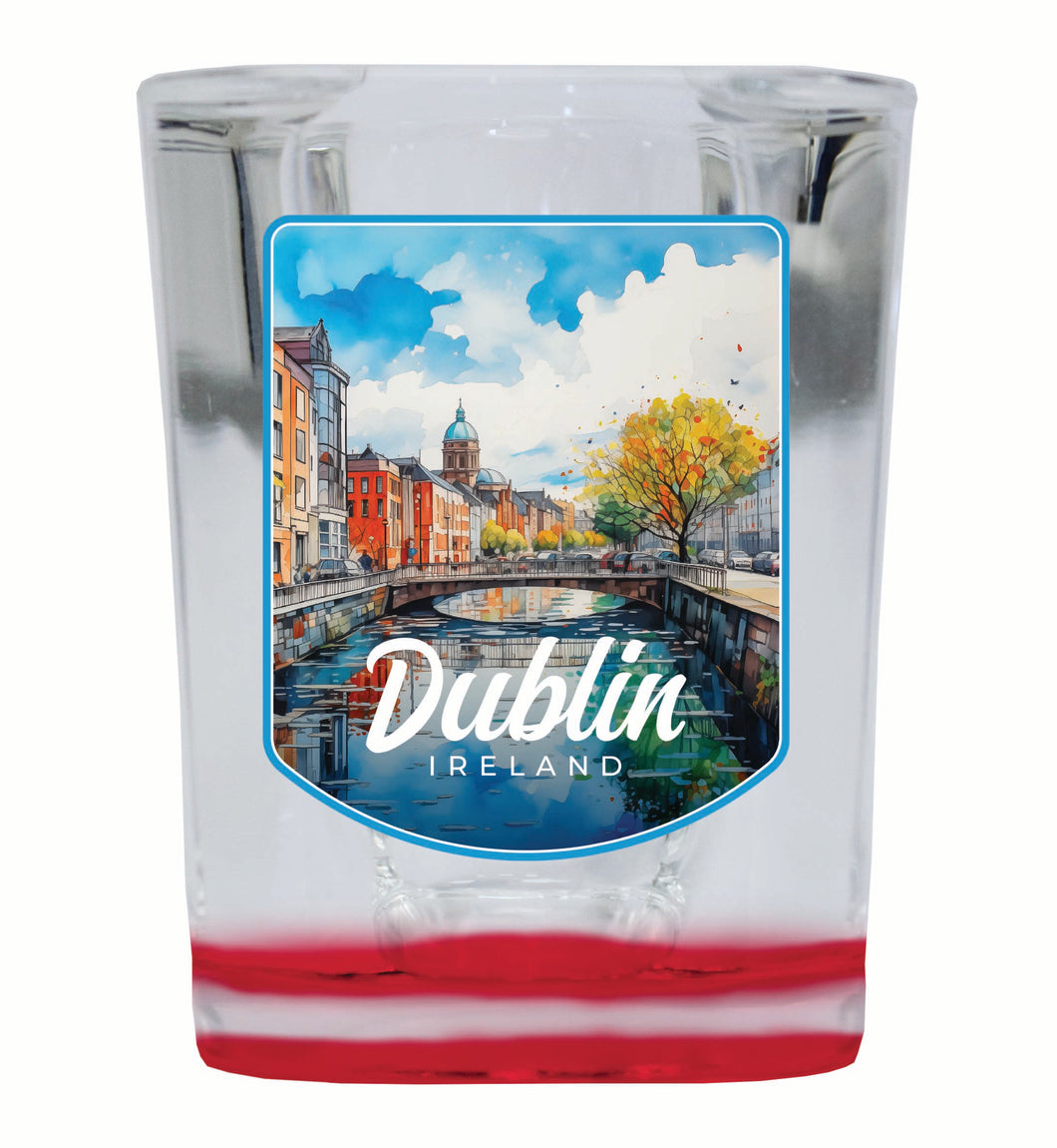 Dublin Ireland Watercolor Cityscape Design Souvenir 2 Ounce Shot Glass Square Red Base 2-Pack