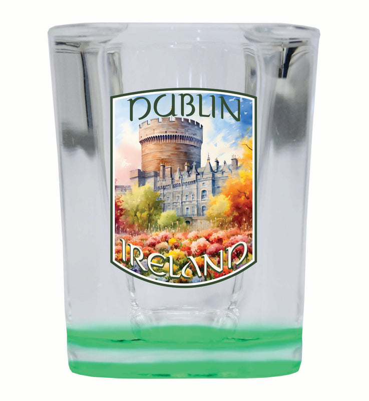 Dublin Ireland Watercolor Dublin Castle Design Souvenir 2 Ounce Shot Glass Square Green Base 2-Pack