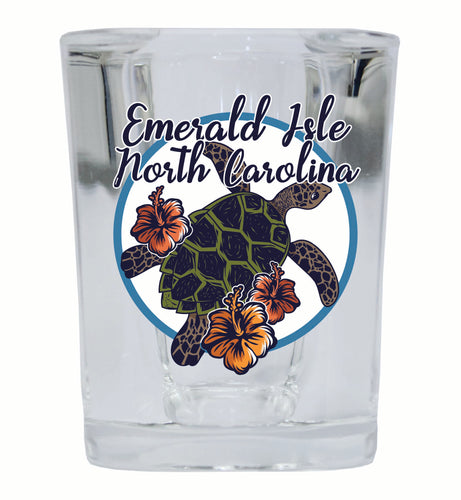 Emerald Isle North Carolina Turtle and Flowers Design Souvenir 2 Ounce Shot Glass Square 4-Pack