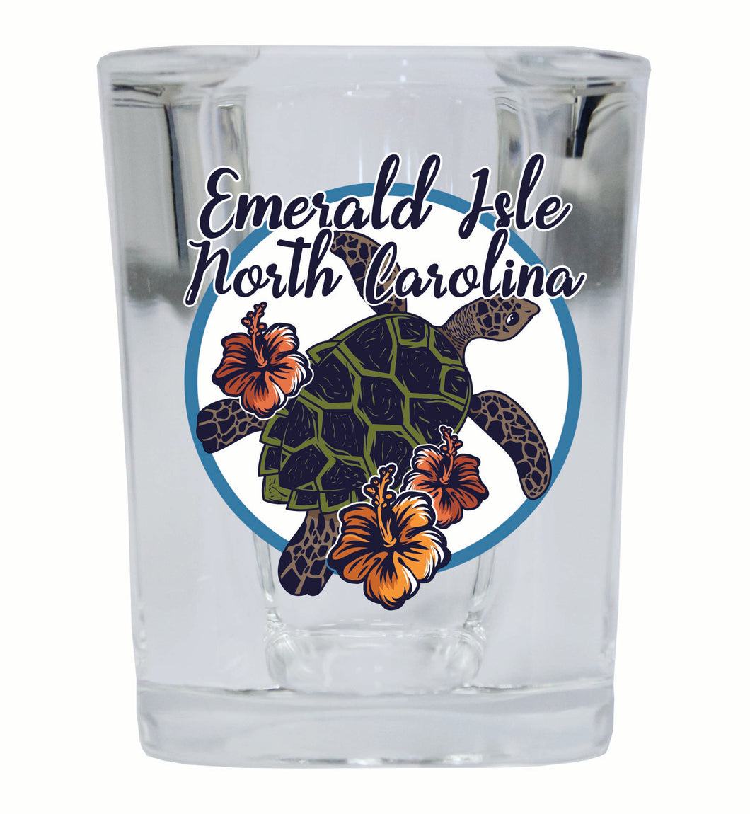 Emerald Isle North Carolina Turtle and Flowers Design Souvenir 2 Ounce Shot Glass Square 4-Pack