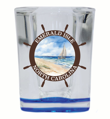 Emerald Isle North Carolina Nautical Helm Design Souvenir 2 Ounce Shot Glass Square Blue Base Single