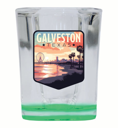 Galveston Texas Pleasure Pier Design Souvenir 2 Ounce Shot Glass Square Green Base Single