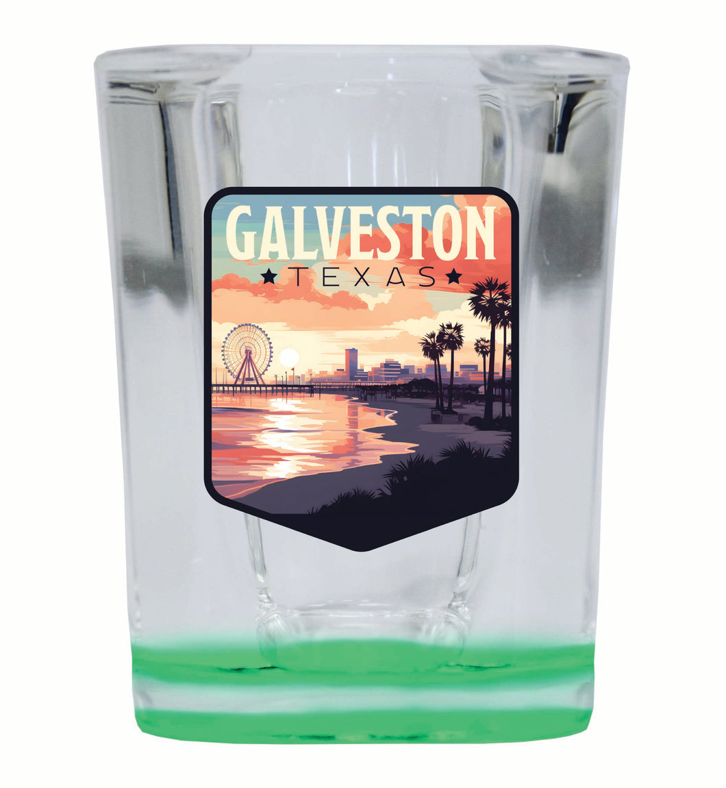 Galveston Texas Pleasure Pier Design Souvenir 2 Ounce Shot Glass Square Green Base Single