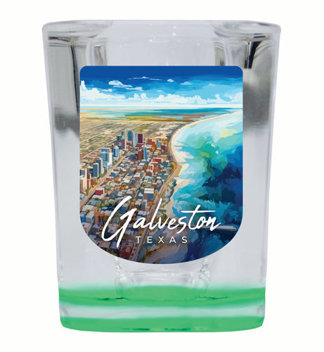 Glaveston Texas Aerial Painting Design Souvenir 2 Ounce Shot Glass Square Green Base Single