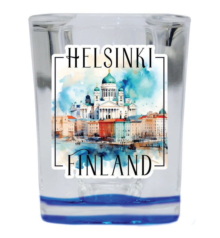 Helsinki Finland Souvenir 2 oz Blue Shot Glass Round or Square Blue