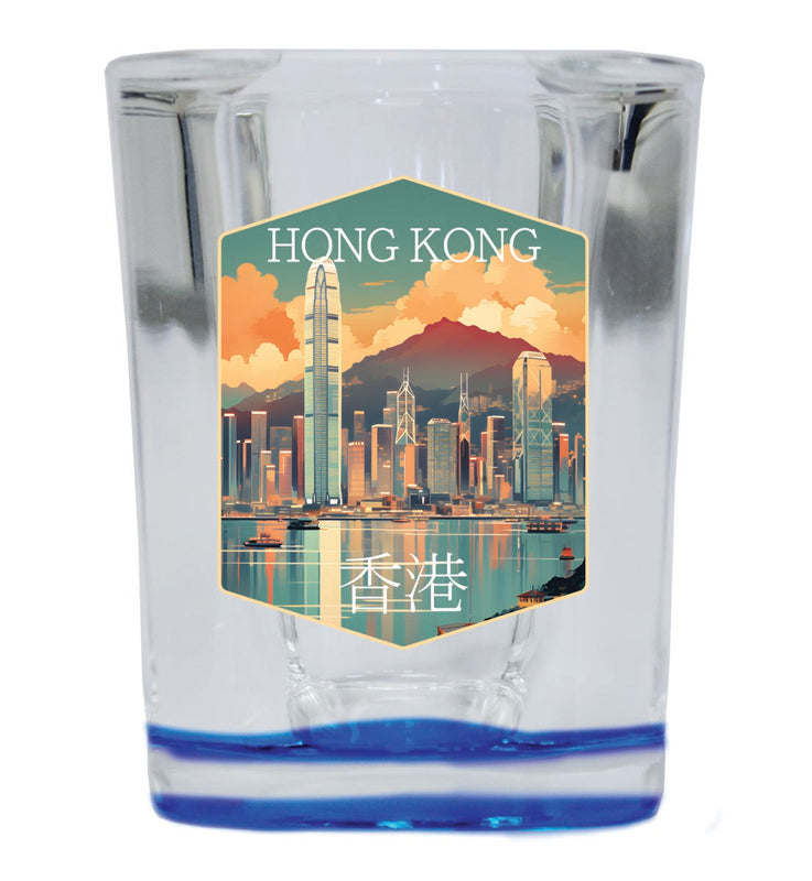 Hong Kong Souvenir 2 oz Blue Shot Glass Round or Square Blue
