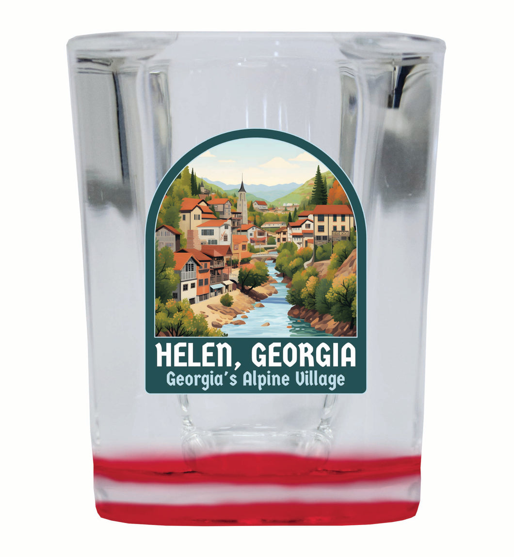 Helen Georgia Alpine Village Design Souvenir 2 Ounce Shot Glass Square Red Base 4-Pack